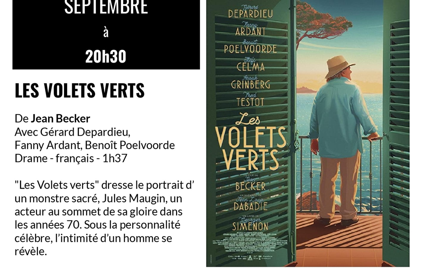 Séance cinéma 'Les volets verts' Chevalerie Saint-Amour Mardi 20 septembre 20h30